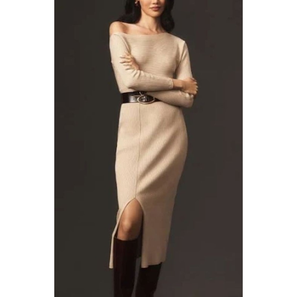 ANTHROPOLOGIE Dress sz L Beige Ribbed Knit Boat Neck Sweater Midi